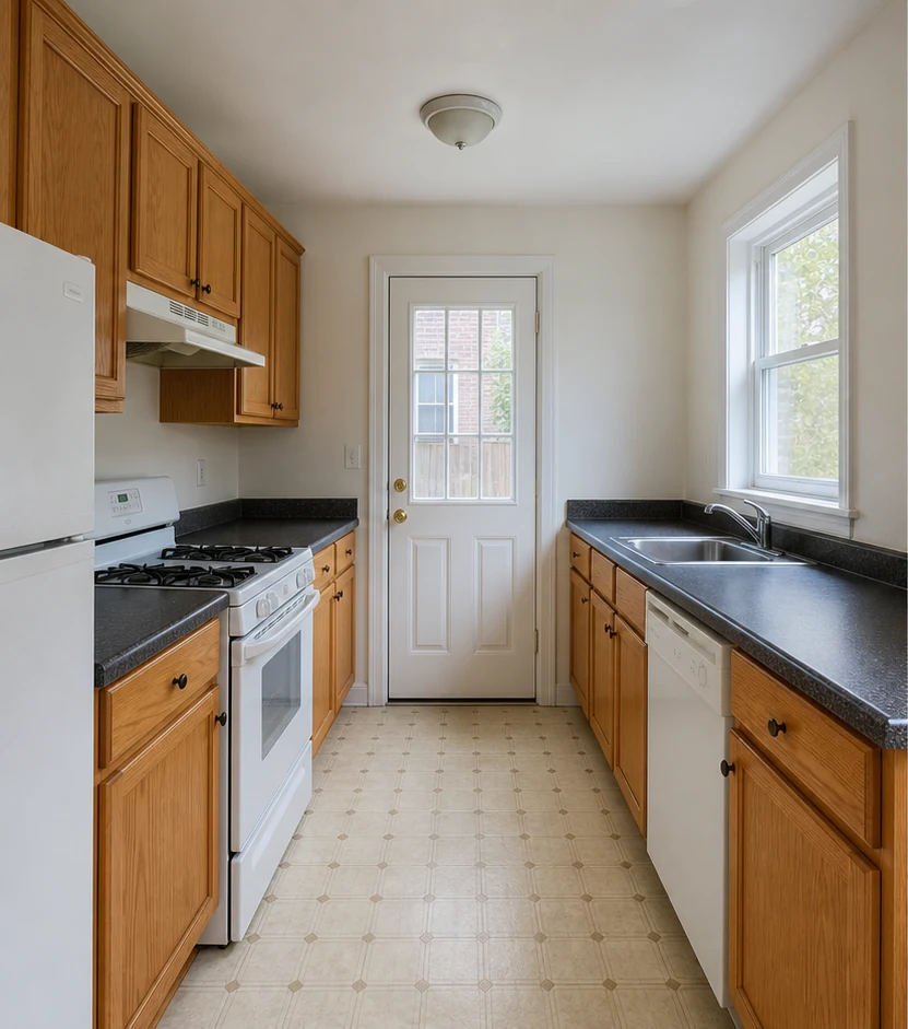 Before concept of a dated, compact townhouse kitchen